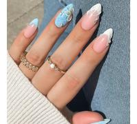 24Pcs Blue French Tip Press On Nails - Almond Shape False Nails withButterfly and Pearl Accents - Includes Accessory Tools for Easy Application and Elegant Spring Manicure Look