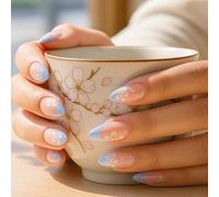 24PCS Blue French White Flower Tip Fake Nails - Almond Shape Press On Nails, Medium Length Glossy Full Cover Stick On Nails with Strong Jelly Adhesive Tabs