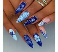 24Pcs Blue Galaxy Press On Nails Short Almond Shape with Glitter Stars - French Tip False Nails Manicure Set Kit Square Tips Acrylic Stick On for Women Accessories Care Handmade Elegant Design