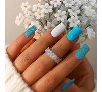 24pcs Blue Glitter White Press on Nails - Short Square False Nails with Jelly Adhesive Tabs Stick on Full Cover Removable Nail Set for Women
