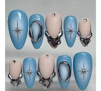 24PCS Blue Gradient Almond Press On Nails - Medium Length False Nails with Metallic Sculpting, Chrome Gloss Rhinestone Star Design, Shiny French Tips, Durable Nail Set with Accessory Tools