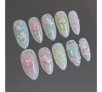 24Pcs Blue Green Almond Press On Nails - Medium False Nails with 3D Pink Floral Design and Gold Accents, Full Cover Reusable Manicure Set with File and Wooden Stick for Parties Daily (Pastel Bloom)