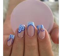 24PCS Blue Heart Press on Nails - Short Square French Tip with Blue & White Design - Fake Nails with Accessory Tools - Eco-Friendly Acrylic - Reusable Nail Tips Set for Women - Easy Daily Application