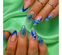 24PCS Blue Marble Press on Nails - Long Almond False Nails with French Tips Gold Chains & 3D Ocean Wave Design Reusable Art False with Glossy Finish - Elegant Handmade