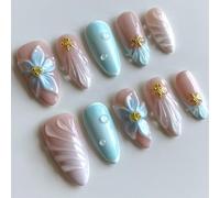 24PCS Blue Ocean Almond Press On Nails with 3D Floral Starfish Pearl Water Ripple Gradient Gloss - Medium Length Summer False Nails Set Reusable for Women Casual Wear Stylish Quick Manicure