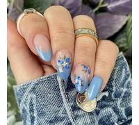 24Pcs Blue Press on Nails Almond Short False Full Covers Stick on with Flower Art Decoration for Women Flower Art Decoration