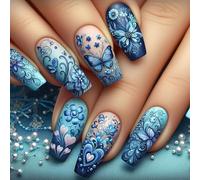 24Pcs Blue Press On Nails Coffin False Nails Butterfly French Tip Stick On Nails Coffin Artificial Nails Acrylic Nails