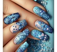 24Pcs Blue Press On Nails Coffin False Nails Butterfly French Tip Stick On Nails Coffin Artificial Nails Acrylic Nails