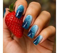 24PCS Blue Press On Nails - Medium Square Shape with Ocean Ombre & Glitter Design - Glossy Full Cover ABS Fake Nails with Jelly Adhesive Tabs Reusable for Work, Party & Travel