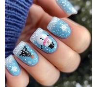 24PCS Blue Snowman Press On Nails ABS Winter Snowflake Art For Christmas Gifts & Easy Application Snowman Snowflake Christmas Nail Art Stickers