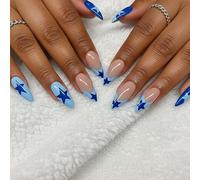 24Pcs Blue Star French Tip Press on Nails - Medium Almond False Nails with Shiny Star Design-Stick On Nail Art Accessories for Women Suitable for Various Occasions