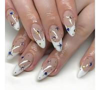 24Pcs Blue Starry French Press-On Nails Almond Shape with Gold Tips & Rhinestones - Elegant 3D Floral Design Short Fake Nails Kit for Women Halloween Acrylic Stick On Manicure Set