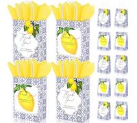 24Pcs Blue Tiles and Lemon Gift Bags with Yellow Tissue Paper,Mediterranean Morocco Style Thank You Gift Bags for Wedding and Bridal Shower Amalfi Coast Party Presents Decoration
