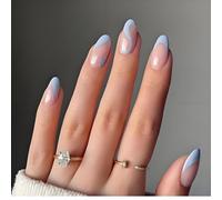 24PCS Blue Wave Press On Nails - Short Almond Fake Nails with French Tip Design, Full Coverage, Reusable Stick-On for Women, Eco-Friendly ABS Material, Ideal for Parties and Weddings