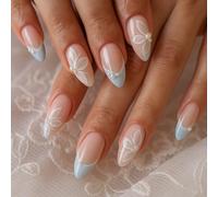 24PCS Blue White French Lace Almond Nails with 3D Pearl Flowers - Short Press On Artificial Nails Set, ABS Material and Jelly Adhesive Tabs for Women, Sophisticated Summer Elegant Design