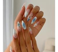 24PCS Blue & White Gradient Press On Nails with Floral Designs - Medium Almond Fake Nails Set for Women, 3D Gel French Tip Stickers Short Acrylic Tips Handmade Kit Flower Art