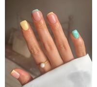 24PCS Blue Yellow French Tip Press on Nails, Short Square False Nails for Women, Stylish French Design for Everyday Glam Colorful Minimalist Modern Pastel Press on (Green Yellow)