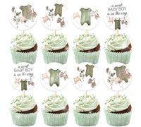 24PCS Boho Baby Cupcake Toppers Boy Baby Shower Cupcake Toppers Baby Clothes Shower Decorations Sage Green a Sweet Baby Boy Is on The Way Decorations