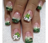 24PCS Botanical Green Press On Nails - Four-Leaf St. Patrick Polka Dot Accent Gold Shimmer Mix - Almond Glossy Finish Fresh Garden Style Nails for Women Daily Wear
