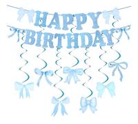 24pcs Bow Happy Birthday Banner, Bow Hanging Swirls Ceiling Decor Coquette Glitter Happy Birthday Banner Party Decorations for Girls Women (Blue)