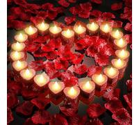24pcs Bright Heart LED Candles With 1200pcs Artificial Rose Petal Kit - Romantic Valentine's Day Decorations, Flameless LED Tealight Candle for Anniversary Wedding Table Decor