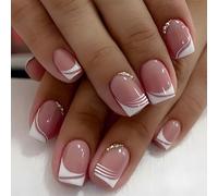 24PCS bright white french tip press on nails short almond shape with jelly sticker reusable stick on false nails for women ABS material DIY manicure kit (Bright White)