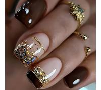 24Pcs Brown Glitter French False Nails Short Square Press on Nails Full Cover Acrylic Fake Nails with Gold Foil Design Natural Reusable Gel Glue on Nail Manicure Kits for Women Girls Daily Wear