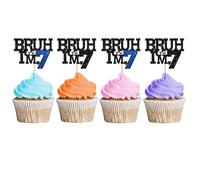 24pcs Bruh I'm 7 Cupcake Toppers, It's My 7th Birthday Cupcake Toppers for Boy, Bro I'm 7 Cupcake Picks for 7th Birthday Party Decoration - Blue Glitter