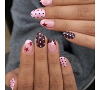 24PCS Bubblegum Pink Press on Nails - Burgundy Brown Polka Dot Berry Star Accent Playful Cute Aesthetic French Tip - Glossy Oval Retro Pop Vibe for Women Girls