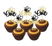 24Pcs Bumble Bee One Cupcake Toppers Glitter 1st Birthday Party Cupcake Picks Decorations for Bee Theme Baby Shower Kids First Birthday Party Supplies