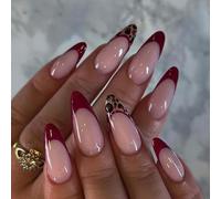 24Pcs Burgundy French Tip Press On Nails with Leopard Design - Soft Nude Stiletto False Nails Kit, Premium ABS Material & Jelly Adhesive Tabs for Special Occasions