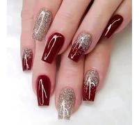24PCS Burgundy Glitter Coffin Press On Nails - Medium Length Wine Red Fake Nails with Gold Sparkle Design, Easy to Apply ABS Material with Glue, New Year Nail Art for Women and Girls