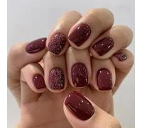 24PCS Burgundy Glitter Press On Nails Short Square Shape - Glossy Red Wine False Nails for Women, Sparkling Gel Stick On with Shimmer Finish, Elegant Handmade Acrylic Set (Wine Spark Shine)