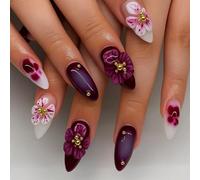 24Pcs Burgundy Gradient Press On Nails - Flower Art Fake Nails with Gold Beads - Glossy Almond Shape Tips with Accessory Tools for Easy DIY Manicure