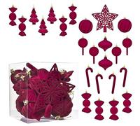 24pcs Burgundy Velvet Christmas Tree Decorations Set, Shatterproof Xmas Baubles with Large Star Topper, Candy Canes & Assorted Ornaments for Xmas Holiday Decor (Multi-Size)