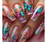 24PCS Butterfly Flower Fake Nails ABS Plastic Summer Art