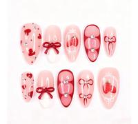 24PCS Candy Apple Red Press On Nails - Almond Shape Glossy Crimson Accent Strawberry Cute Ribbon & Heart - Playful for Women Daily Wear and Special Occasions