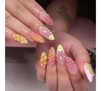 24PCS Candy Bloom 3D Flower Medium Almond Artificial Nails - Jelly Glossy French Tip Press On With Vibrant Pastel Hues For Women Summer Party Daily Wear Application Accessory Tools