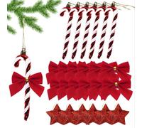 24Pcs Candy Cane Christmas Decorations, Red and White Christmas Tree Ornaments, Candy Cane Decorations with Bows and Stars, Festive Holiday Decor for Home and Tree
