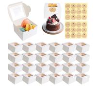 24PCS Cardboard Cake Boxes, 4 inch Cupcake Boxes with Windows and 24 Stickers Paper Bakery Cake Box for Cupcakes Desserts Pastries Cookies Candy Pies Muffin Bakery Macaron Gifts (White)