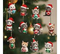 24pcs Cat Christmas Tree Ornaments, Wooden at Christmas Stocking Hanging Pendant 2D Flat Xmas Hanging Decorations, Cute Cats Car Charm Interior Rearview Pendant Decor Gift