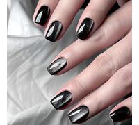 24Pcs Cat Eye False Nails, Black French Tip Press on Nails, Short Square Fake Nails, Glitter Glue on Nail with Glue Stickers, Full Cover Artificial Stick on Nail for Women and Girls Nail Art