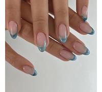 24Pcs Cat Eye False Nails French Tip - Almond Press on Nails - Blue Green Glitter Stick on nails - Fake Nails with Glue - Almond Nail Tips Glue on Long Lasting Elegant for Women