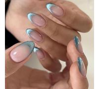 24Pcs Cat Eye False Nails French Tip, Wsimily Blue Green Glitter Fake Nails Press On Nails Almond Stick on Nails Elegant Artificial Nails Reusable Manicure Decor for Women Girls