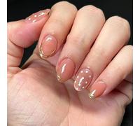 24Pcs Cat Eye Polka Dot Press On Nails Short Oval Nails | Short Oval Press On Nails With Pink Cat Eye, White Polka Dots And Gold Details For Elegant Manicures