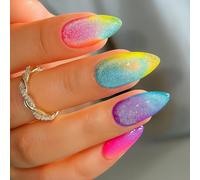 24PCS Cat Eye Press On Nails - Almond Shape False Nails ABS Material with Accessory Tools, Gradient Glitter Stiletto Design for Women, Medium Length Candy Color for Dreamy Art Look