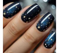 24Pcs Cat Eye Press on Nails, French False Nails Short Square, Dark Blue Glitter Glossy Fake Nails Full Cover Glue on Nail, Universe Starry Sky Reusable Stick on Nail for Women and Girls Daily Wear