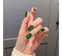 24Pcs Cat Eye Press on Nails, French False Nails Short Square, Green Glossy Fake Nails Full Cover Glue on Nail, Reusable Acrylic Stick on Nail Kit Shiny Manicure for Women Girls Daily Wear