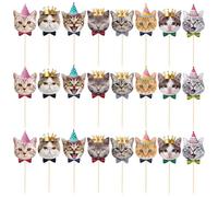 24PCS Cat Face Cupcake Toppers,Adorable Kitten Pet Theme Decorations for Birthday, Baby Shower,Cat Party Supplies,Cute Cat Cake Toppers with Toothpick Sticks