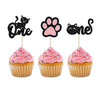 24Pcs Cat One Cupcake Toppers Black Glitter Cat Frist Birthday Cupcake Picks Decorations for Cat Lover Kitten Theme Baby Shower Kids 1st Birthday wedding Party Supplies